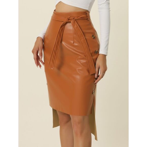 High Low Skirt Belted High Waist Side Button Decor Leather Skirt Caramel - Picture 2 of 6